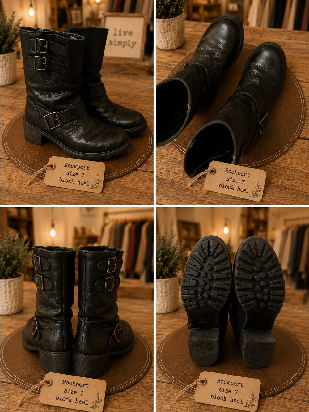 Rockport Black Leather Buckle Block Heel Moto Boots Size 7